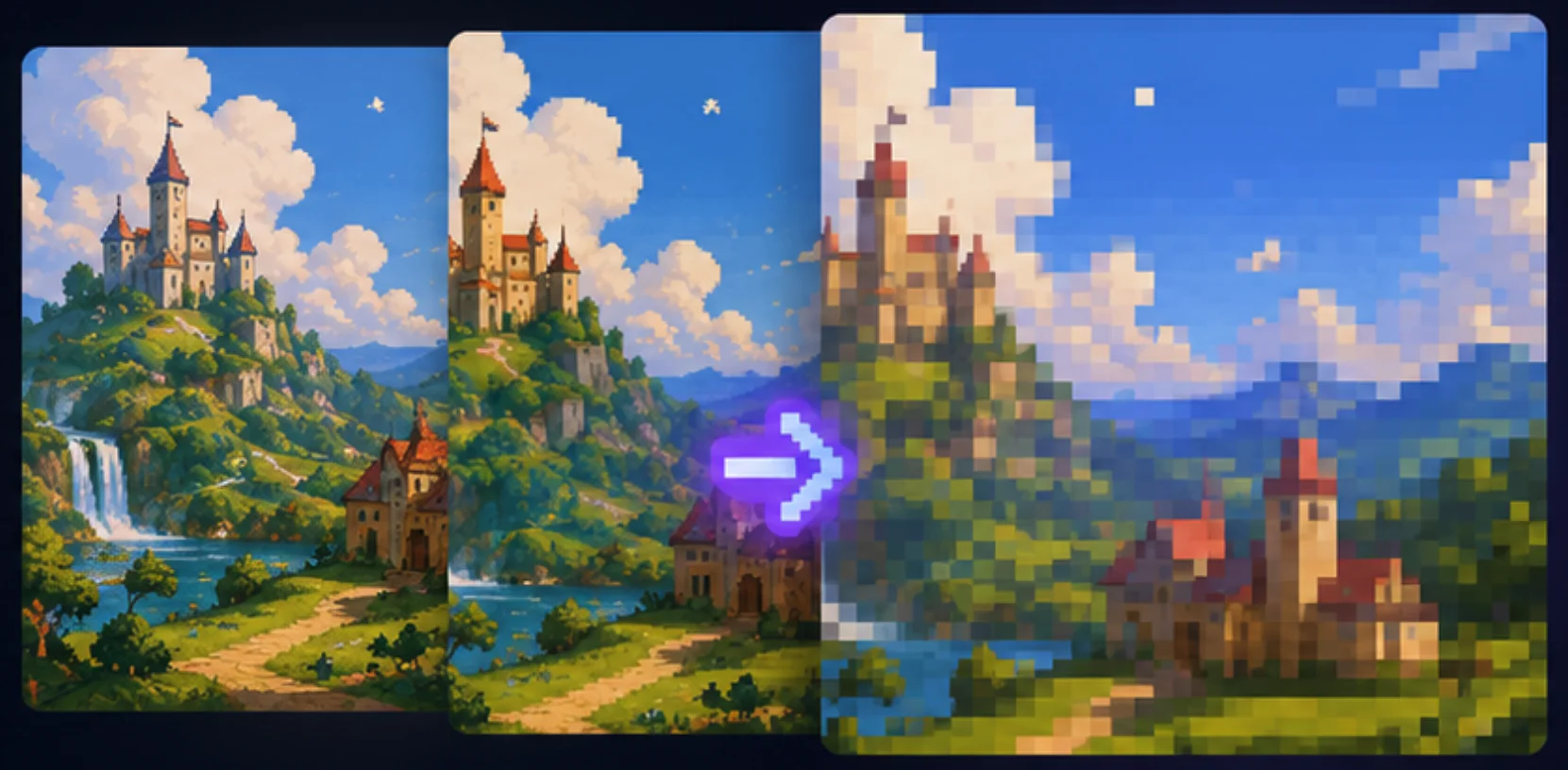 Three overlapping landscape previews showing a photo converted into pixel art.